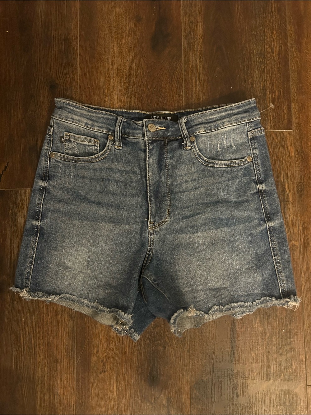 Judy Blue Distressed Mid-Blue Denim Cutoff Shorts